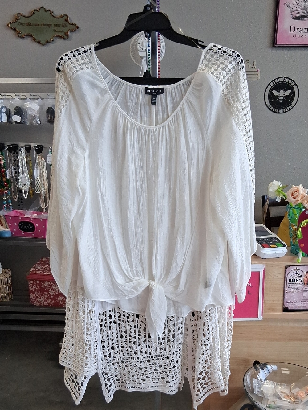 I.N. Studio White Crochet-Sleeve Tie-Front Tunic Top